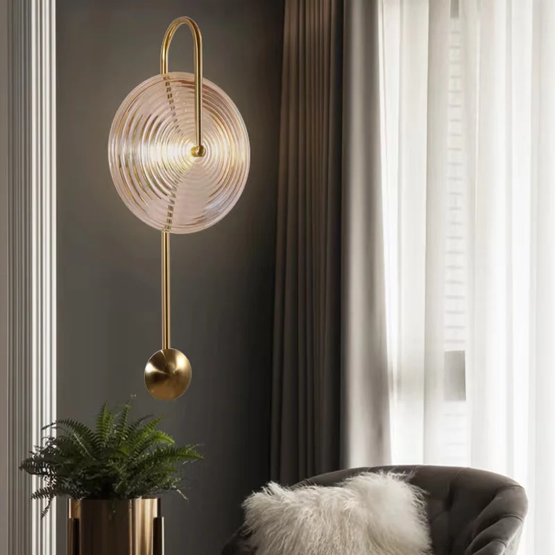 

Modern Minimalist Creative Wall Light Luxury Glass Water Ripple Round Stair Lamp Sconce Aisle Balcony Copper Bedside Wall Light