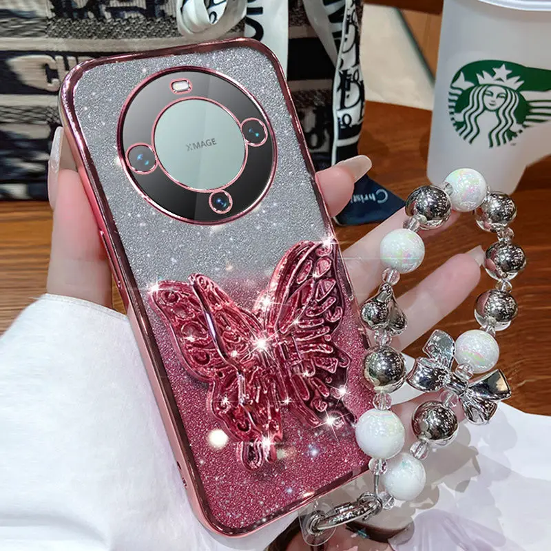 Glitter Plating 3D Butterfly Bracelet Phone Holder Case