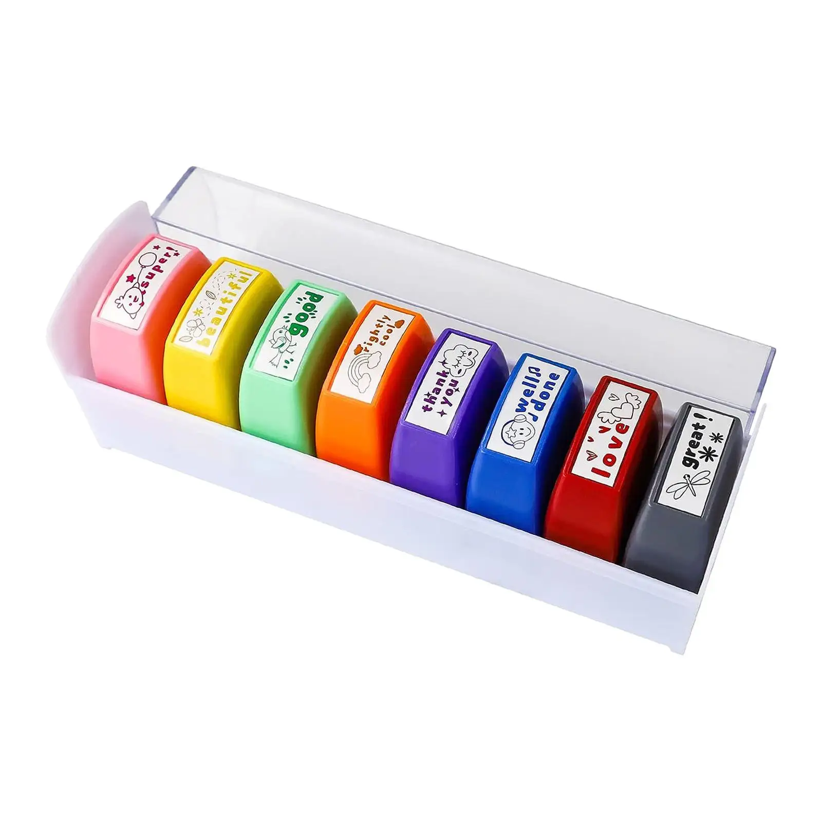 8er Set Lehrerstempel Selbstfärbend – Motivierende Stempel Fürs Klassenzimmer Mit Box – Bunte Stempel Für Hausaufgaben & Korrekturen