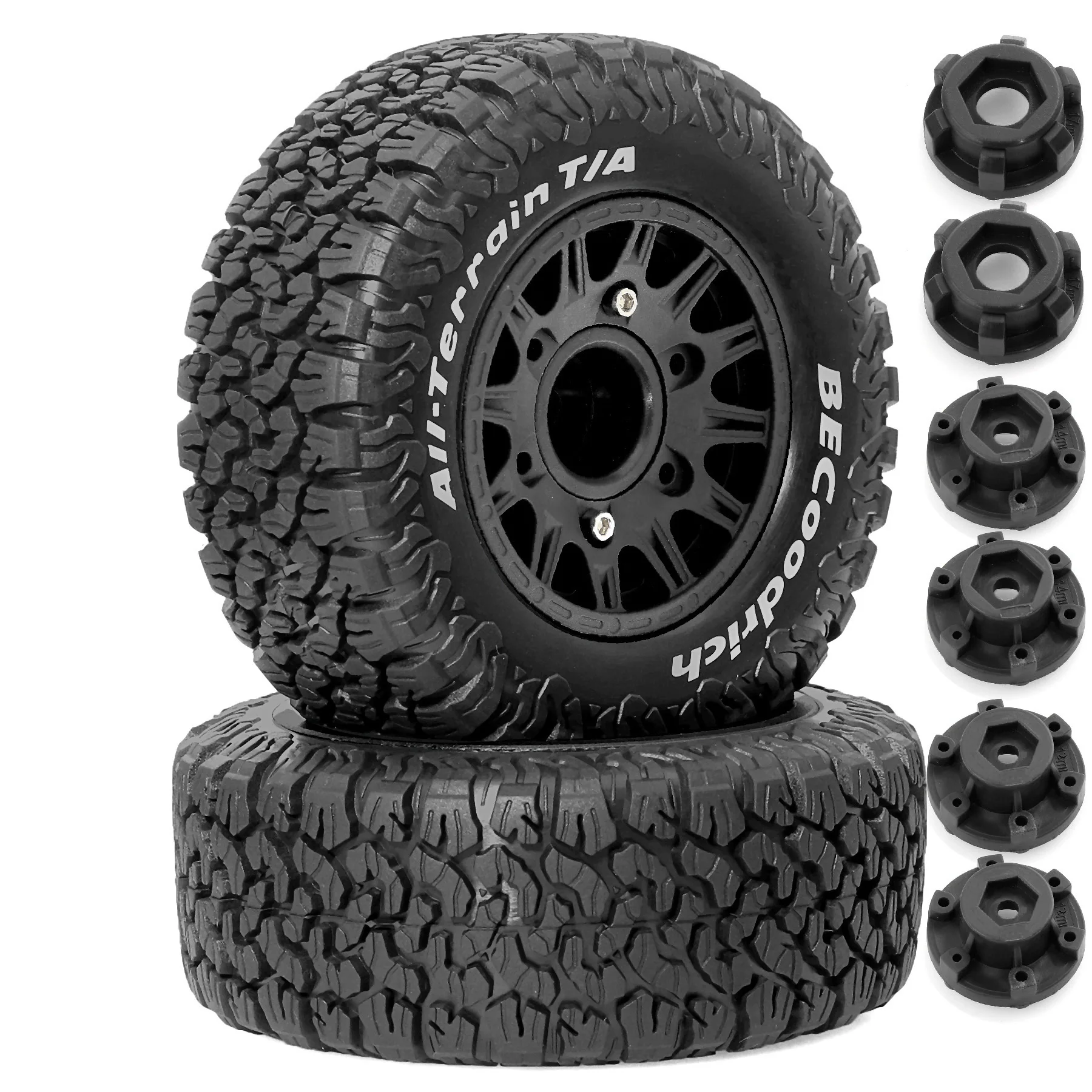Pneu rouge pour camion RC 1/10, avec le pneu et la roue assemblés, prêts à être montés.