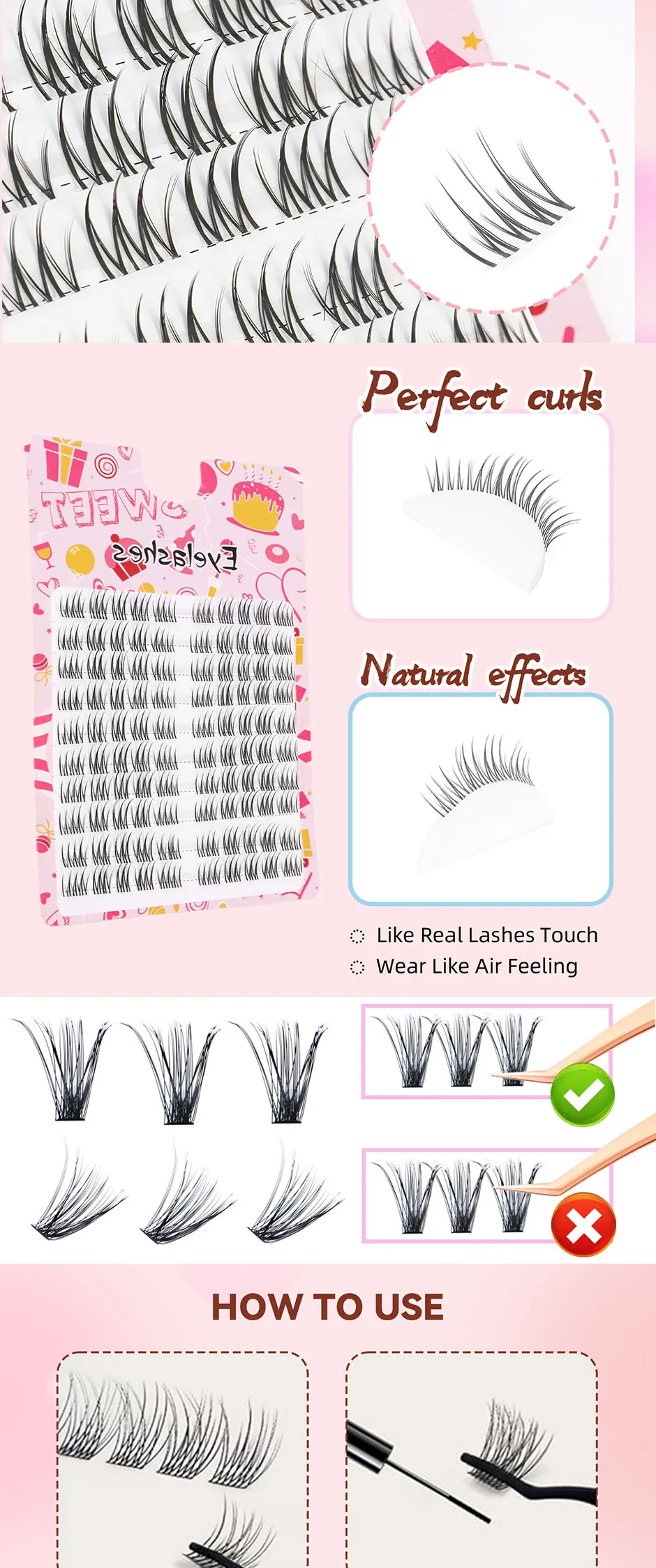 100 Stück Wimpern-Cluster, natürliches Nude-Make-up-Gefühl, segmentiert, einzelner Cluster, transparenter Stiel, DIY, selbst auftragen, Feenhaar-Wimpern – Detail 3