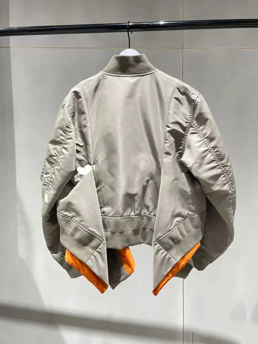 FOG SACAI 2024 Cherie Chen Patchwork Pleated Asymmetrical Hem Jaet Casual Outerwear Polyester Cotton Blend Spring Commute S...