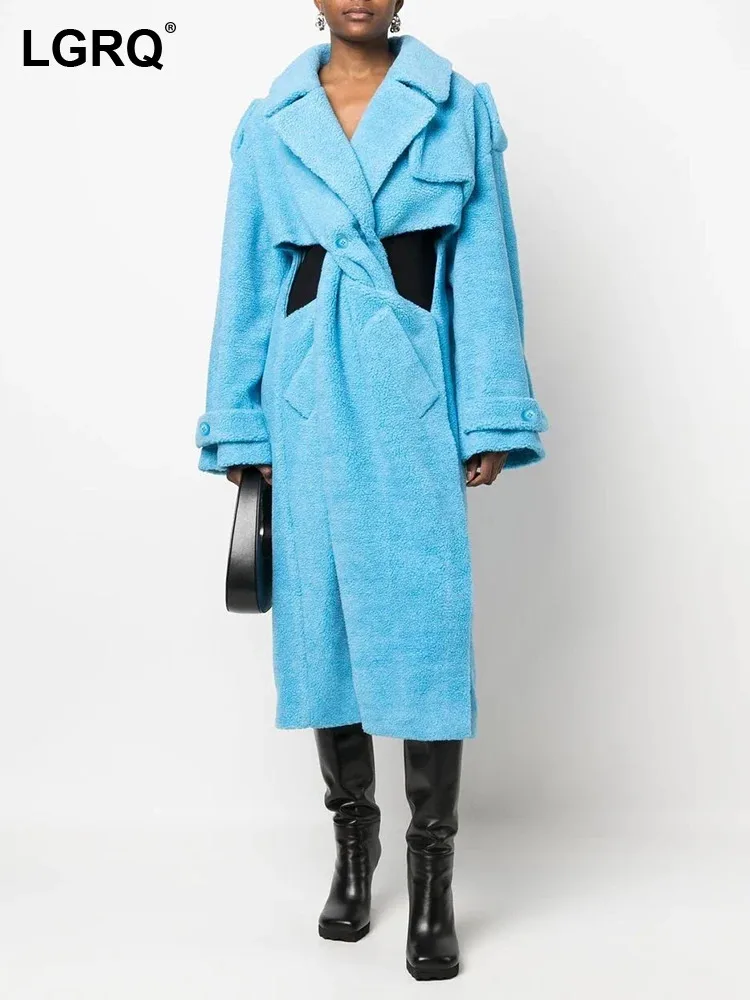 

LGRQ Loose Solid For Hollow Coats Out Women Causal Lapel Long Sleeve Spliced Buttons Temperament Lambswool Coat Female Fashion