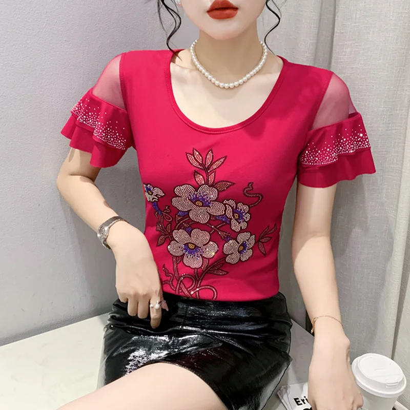 

#6452 Spliced Mesh Ruffles Sleeve T Shirt Women Women Summer Sexy Tight Vintage T Shirt Female Diamonds Floral Summer T-shirt