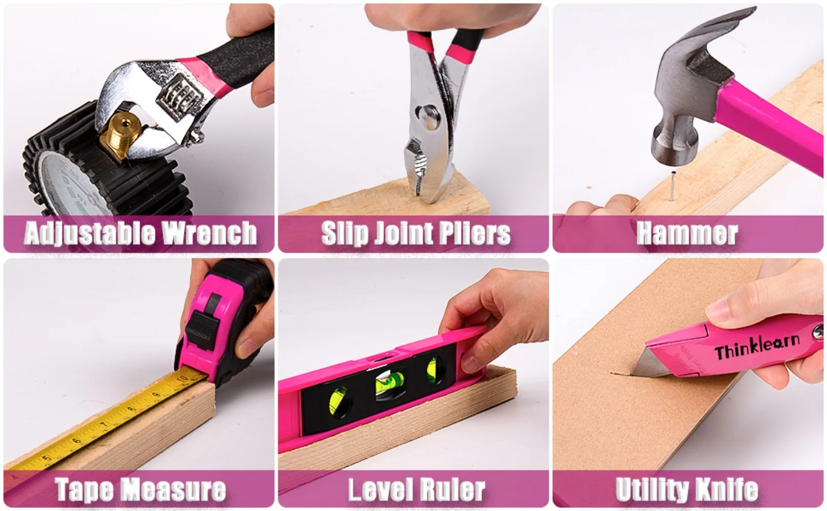 Everyday tools include pliers, utility knife, tape measure, spirit level