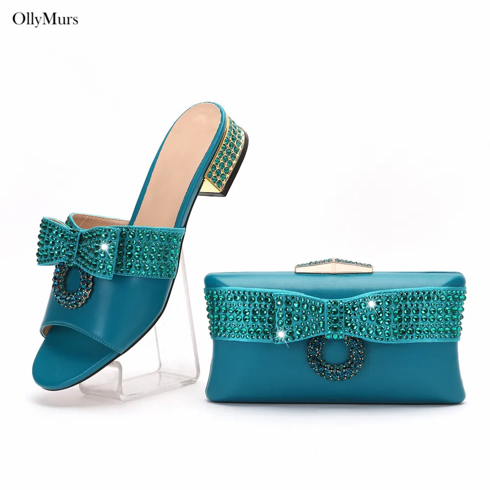 

Italian PU With Rhinestone Woman Shoes With Matching Bags Set For Party New Italian Comfortable Slipper Shoes And Bags Set
