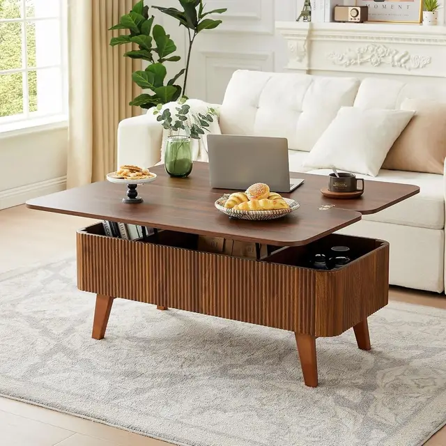 3-in-1 Coffee Table Converts to Dining Table, Walnut Oval Wooden Table with Storage for Small Spaces, Partial Assembly Required
