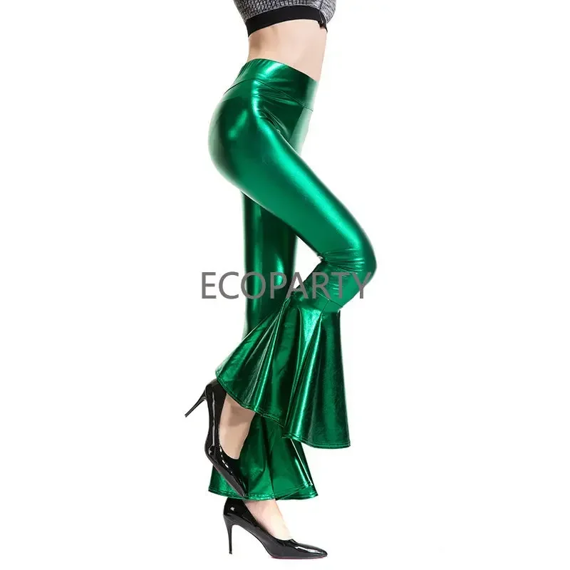 

Women Flare Shiny Trousers Laser Metallic Wetlook Ruffle Wide Leg Pants Retro 70s Disco Hippie Club Pants Bell-Bottomed Pants