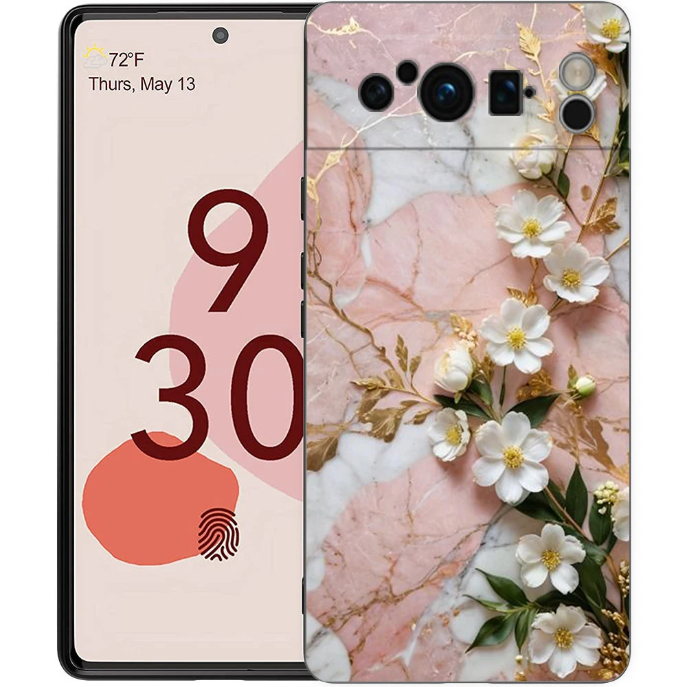 Elegant Flower Marble Design Shockproof Phone Case - Soft TPU Black Cover