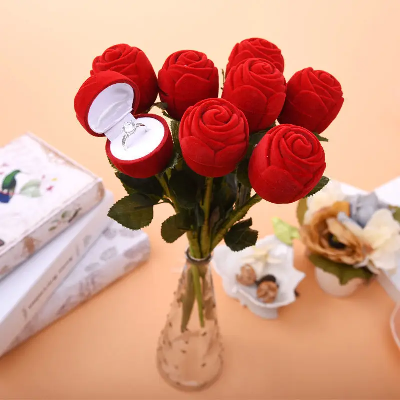 Creative Rose Flower Ring Box Flocking Flowers Wedding Engagement Marriage Valentine Day Gift Rings Box Jewelry Package Cases