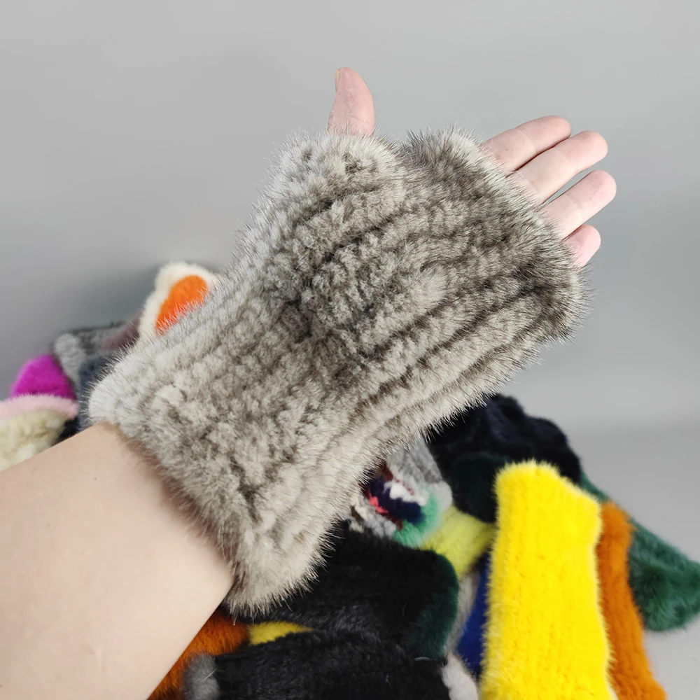 Winter Gloves Lady Real Mink Fur Gloves Girls Real Knitted Mink Fur Fingerless Gloves Winter Strong Elasticity Mittens