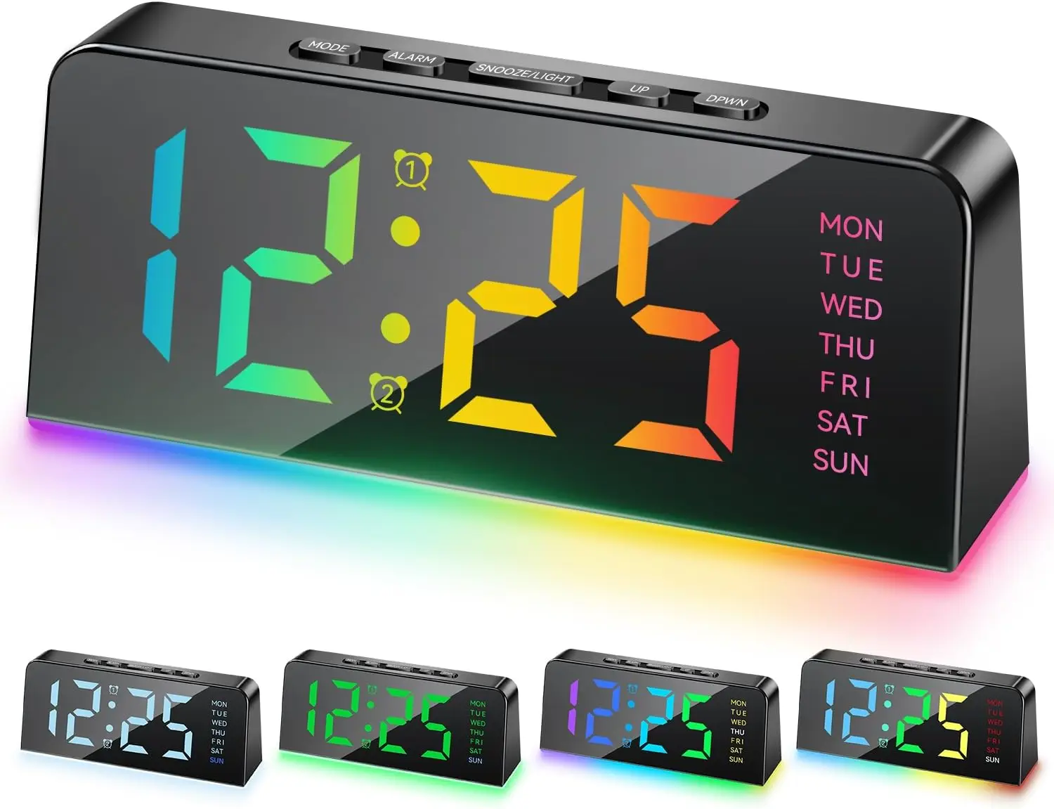 Reloj Despertador RGB con 13 Colores, Pantalla Digital con Fecha y Día, Formato 12/24H, Alarma Doble, Repetición
