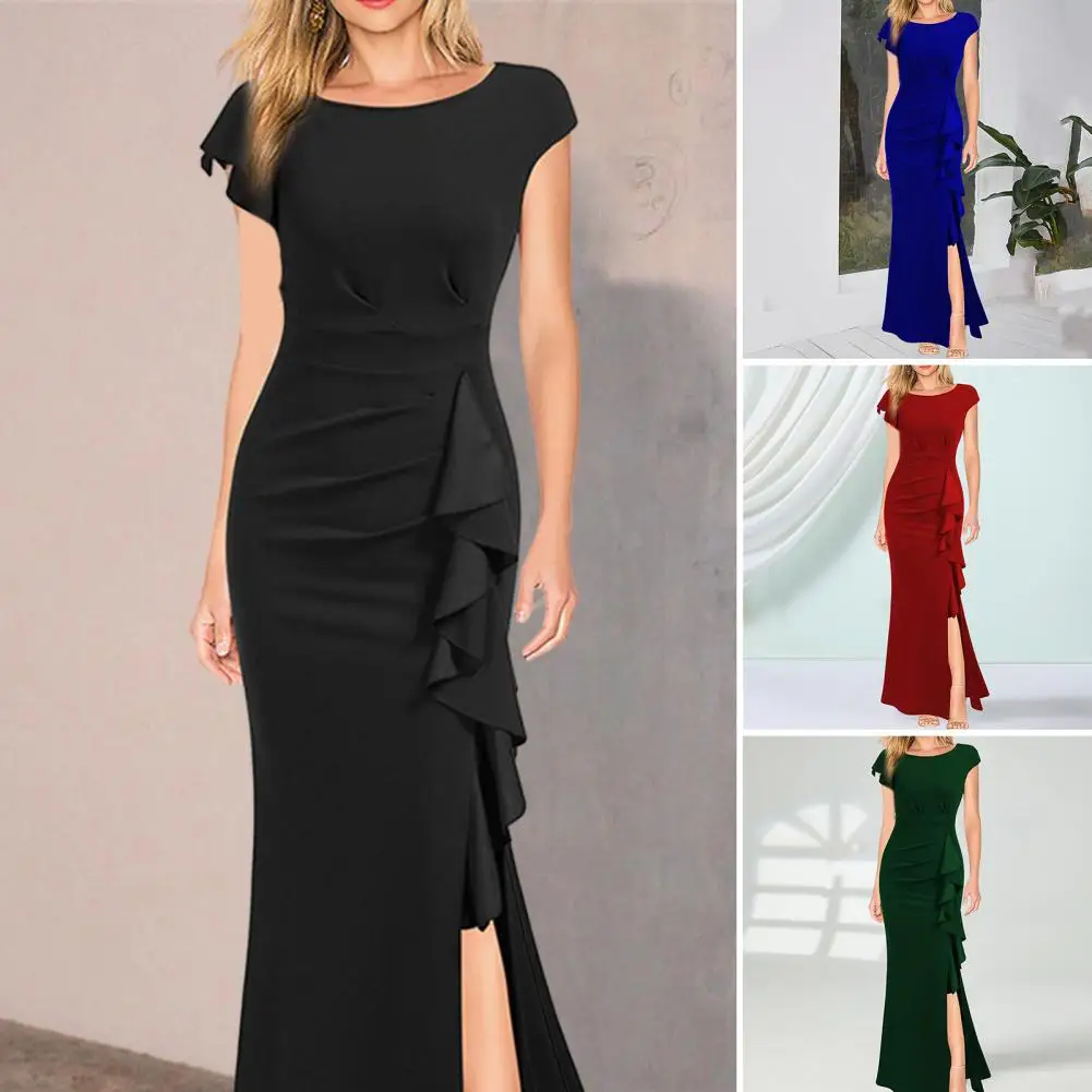 

Женское летнее платье с круглым вырезом и коротким рукавом, облегающее вечернее праздничное платье с высокой талией, оборками по бокам и разрезом на подоле