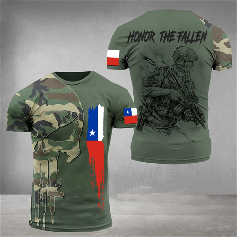 

3D Print Chilean Flag T-shirt Men Veterans Summer Sports O Neck Short Sleeve Tees Oversized Street Loose Camo Tops Chile T Shirt