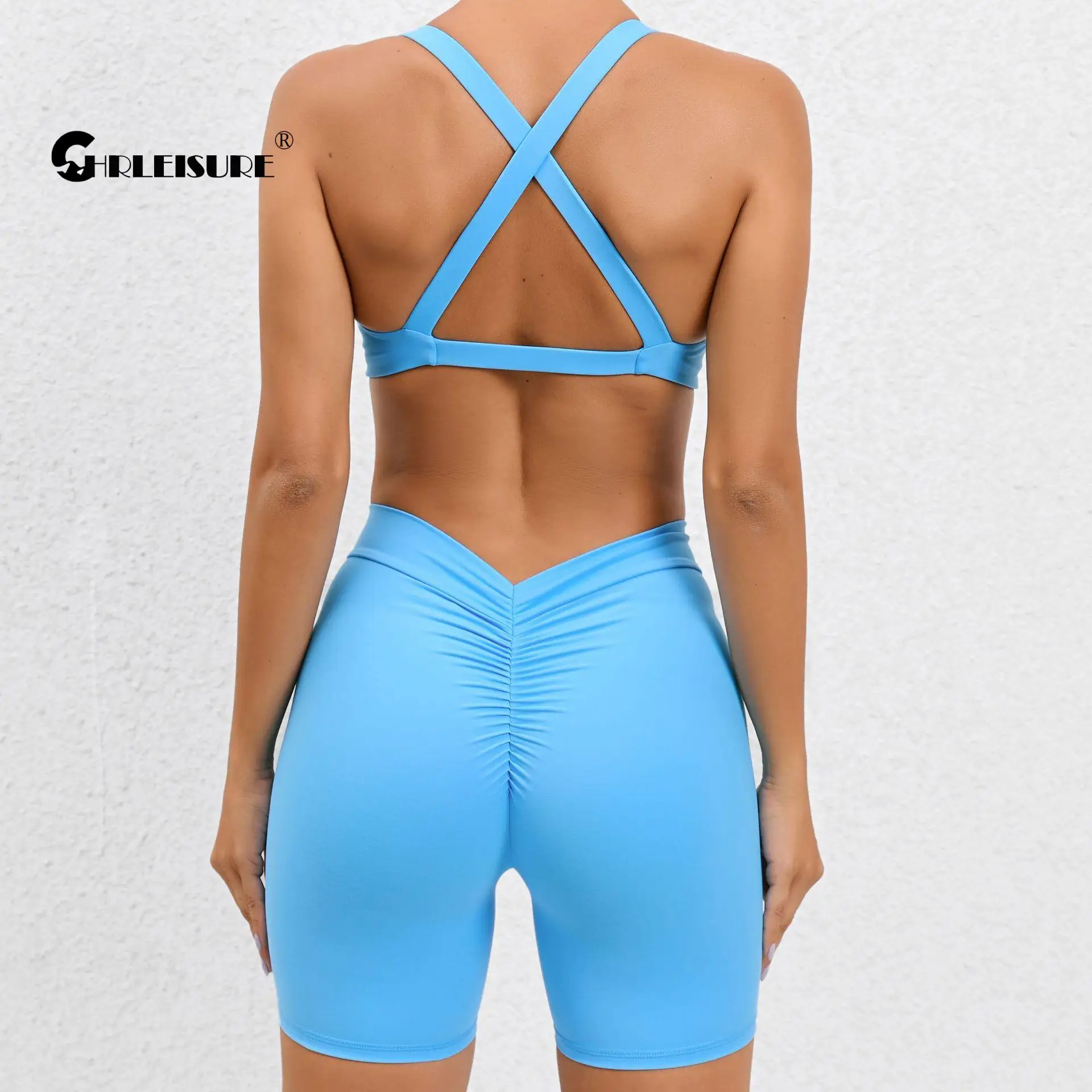 

CHRLEISURE Seamless Yoga Suit 2PCS Fitness Set Back V-Waist Cycling Shorts with Elastic Running Bra Women Slim Activewear