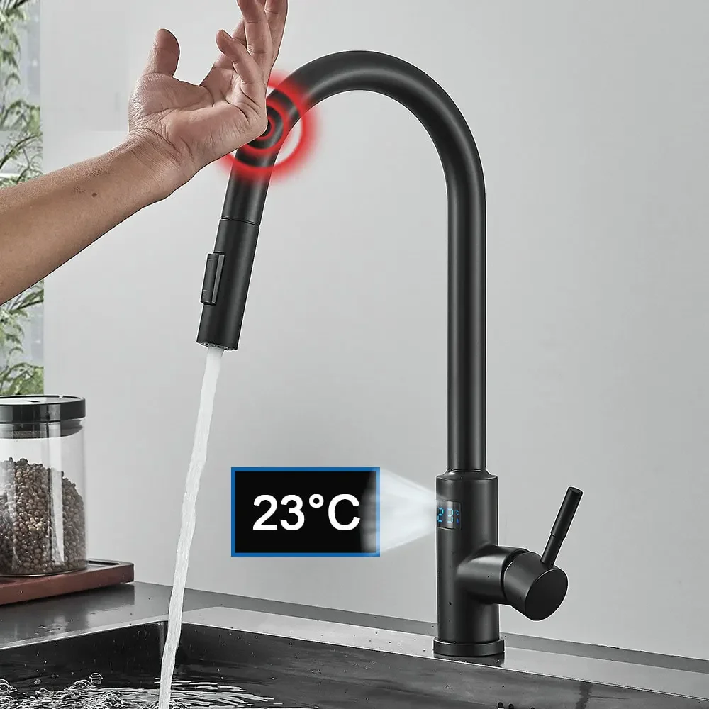 

Digital Temperature Display Sensor Kitchen Faucet Black Sense Touch Flexible Gourmet Faucets Pull Out Nozzles Mixer Taps Crane