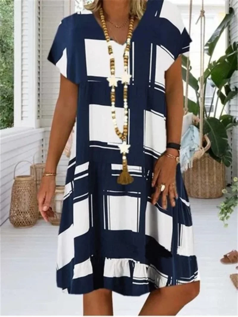 

Summer Lattice Print Casual Dress Women's V-neck Short Sleeve Vintage Dresses for Women Oversized Beach Boho Loose Midi Dress