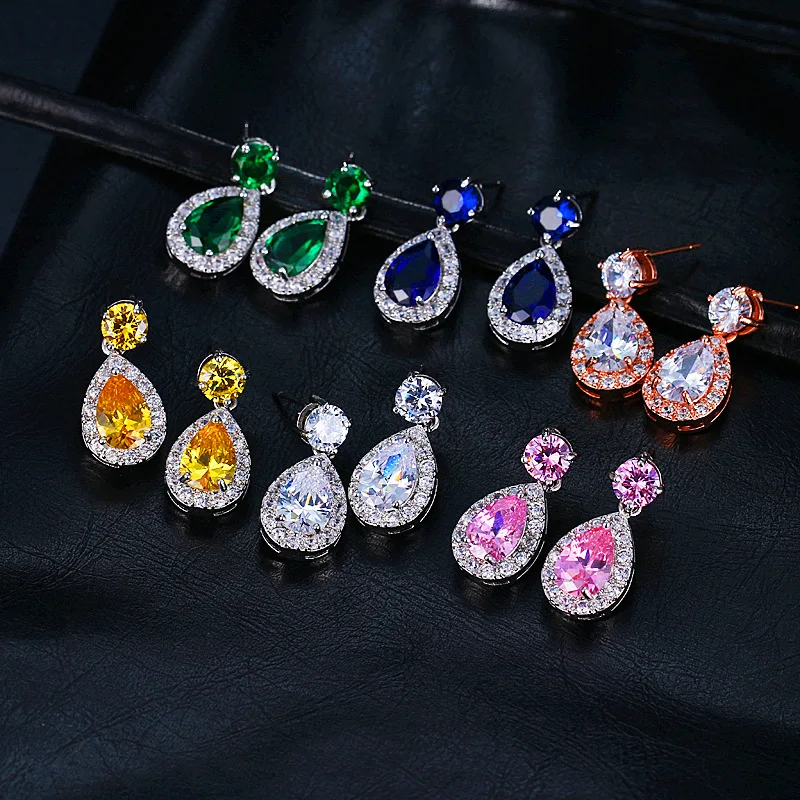 

High Quality Geometric Drop Colorful Zircon Clip on Earring for Women Without Silver Color Hanging Drop Earrings Blue Green