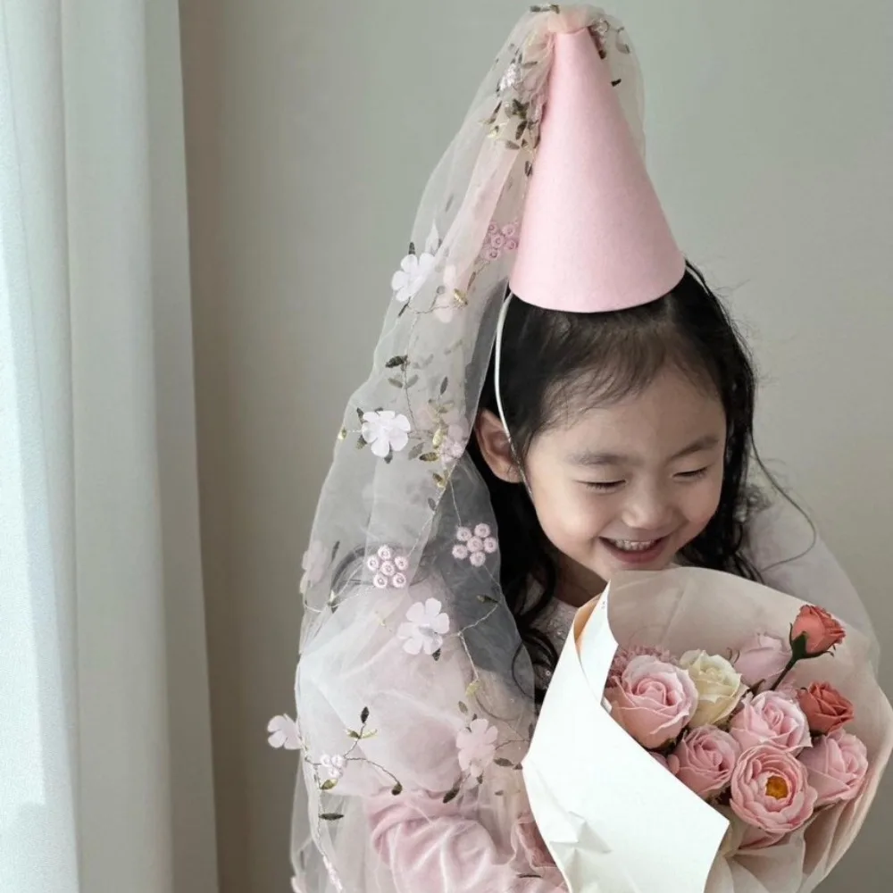 Ins Gauze Happy Birthday Hat Mesh Felt Hair Band Flower Party Caps Photography Prop