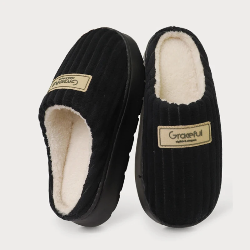 Winter Thick Bottom Plush Slippers Women Comfortable Corduroy Non Slip Home Slippers Woman Soft Sole Plush Warm Cotton Slides