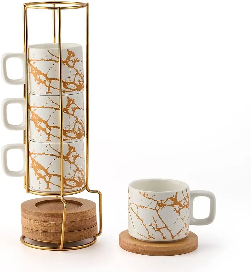Porcelain Espresso Cup with Saucer and Metal Stand, 4 Ounce Stackable Ceramic Demitasse Espresso Mugs Cups Set for Latte,Coffee,