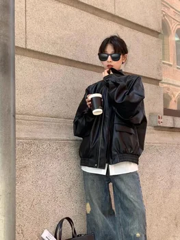 Vintage PU Leather Jacket Women High Street Techwear Oversized Moto Biker Coats BF Punk Loose Casual Cropped Outerwear 2