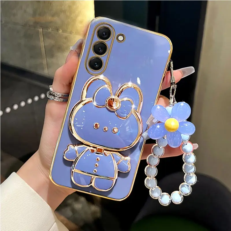 Elegant Mirror Rabbit Flower Strap Phone Case with Stand Cover