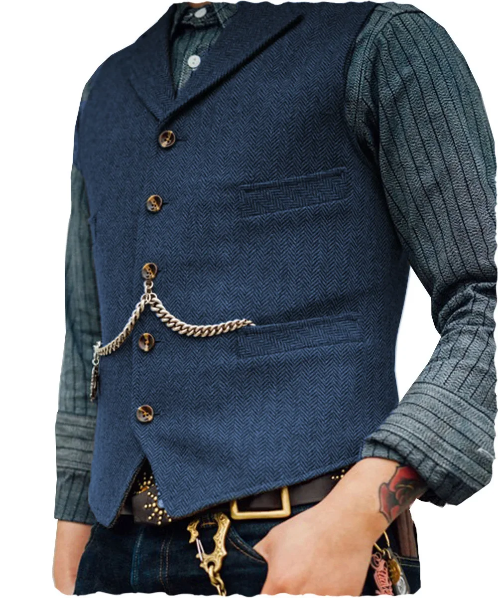 Wool Tweed Men's Suits Vest for Groomsmen Wedding Lapel Casual Slim Business Vests Sleeveless Waistcoat Male Gilet Homme Vests 2