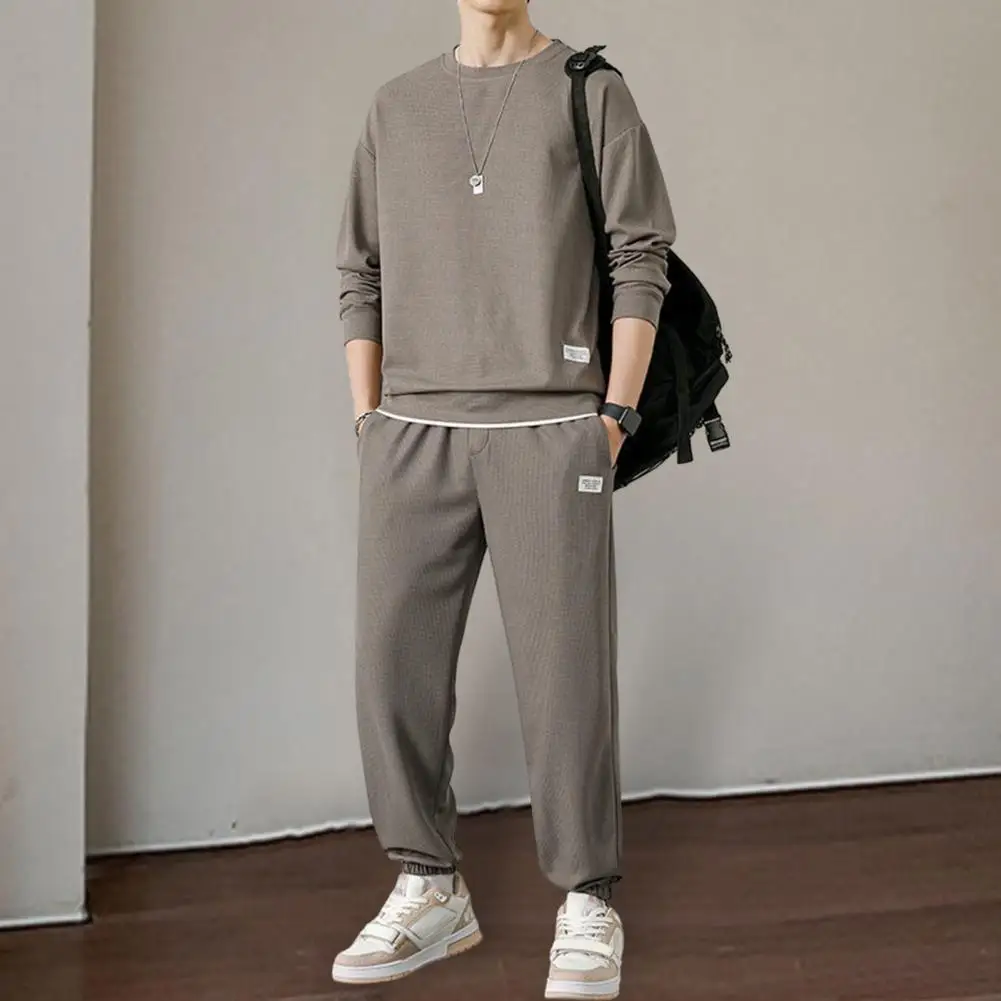 

2Pcs/Set Men Spring Autumn Outfit Waffle Texture Long Sleeve Tops Elastic Waist Pockets Sweatpants Solid Color Casual Outfit