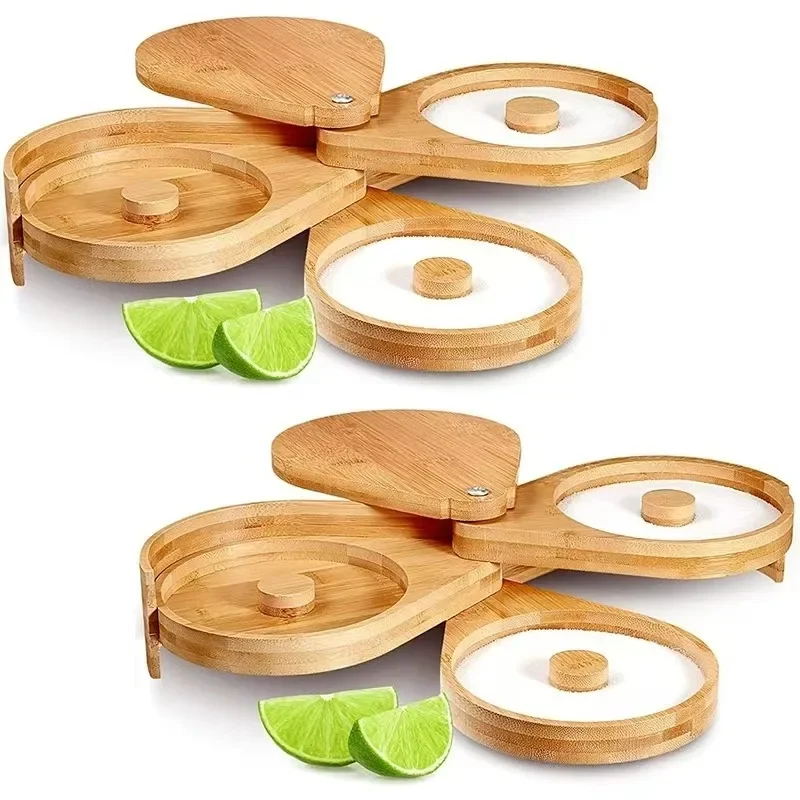 3 Tier Bamboo Rotating Salt Rimmer Box Seasoning Jar Salt Dipper Sugar Rim Box Juice Cocktail Seasoning Bartender Tool