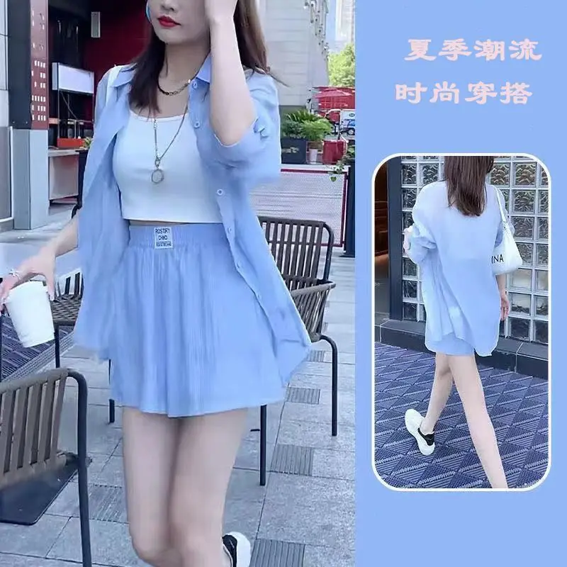 Temperament Age Reducing Professional Set Women's Summer New Loose Small Shirt Wide Leg Shorts Three Piece Set