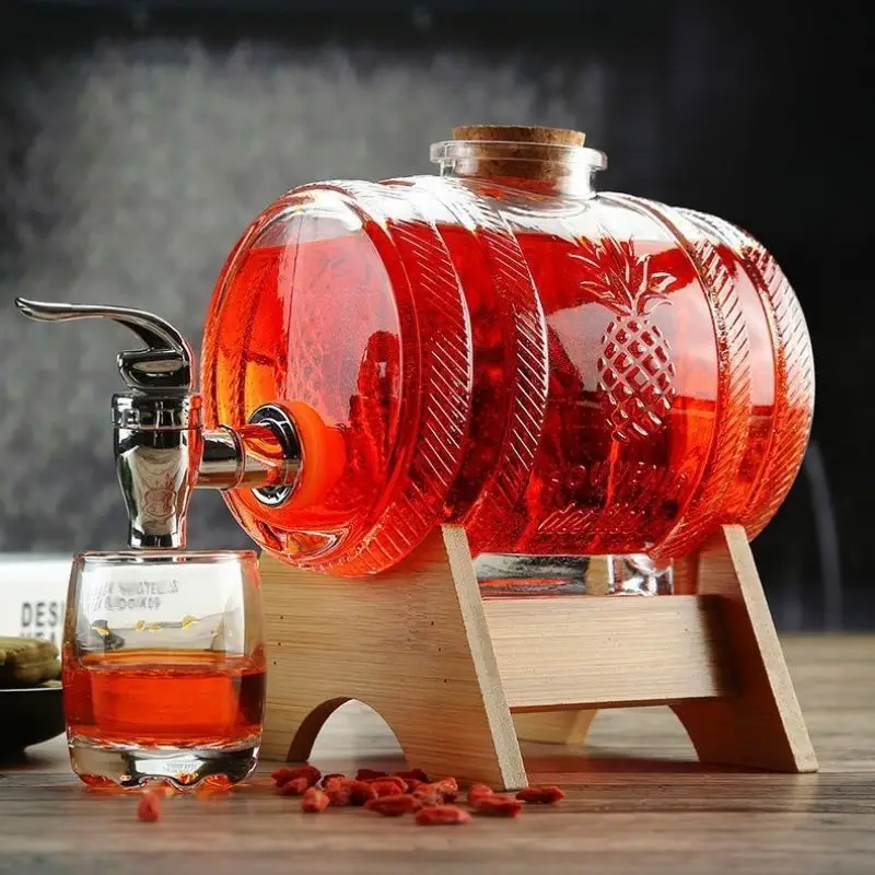 Glass Barrel Stable with Wooden Stand Beer Dispenser Commercial Cold Drink Dispenser with Spigot for Pub Home Kitchen Bar Pub