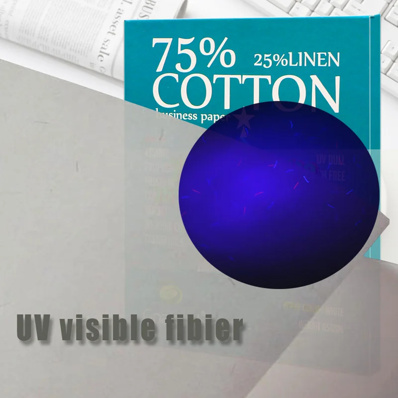 75gsm 75% Cotton 25% linen paper A4 210*297mm White color with UV invisible fiber Starch-free Waterproof 100 sheets GCYT014