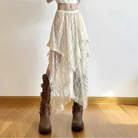 Lace Asymmetrical Skirt Women Vintage Y2K Boho Aesthetic Fashion High Waist Mid Skirts Summer Ladies Holiday Outfits 1