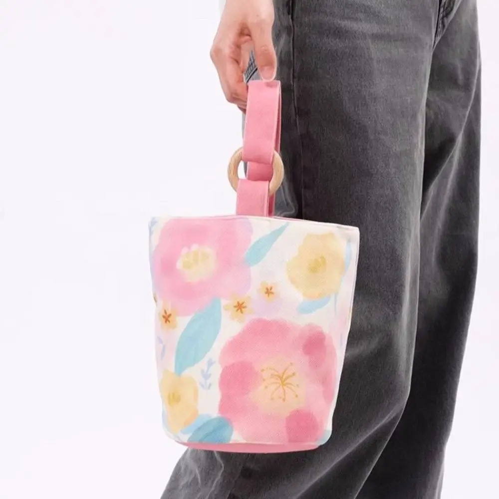 

Watercolor Painting Fresh Flower Bucket Bag Elegant Korean Style Large Capacity Tote Bag Lunch Bag Shopping Bags