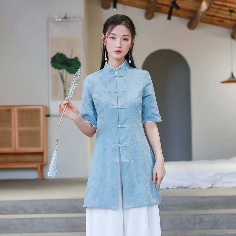 

2022 Early Spring New Chinese Style Zen Tea Suit Mid length Tang Women's Top Health Club Ear Picker Summer