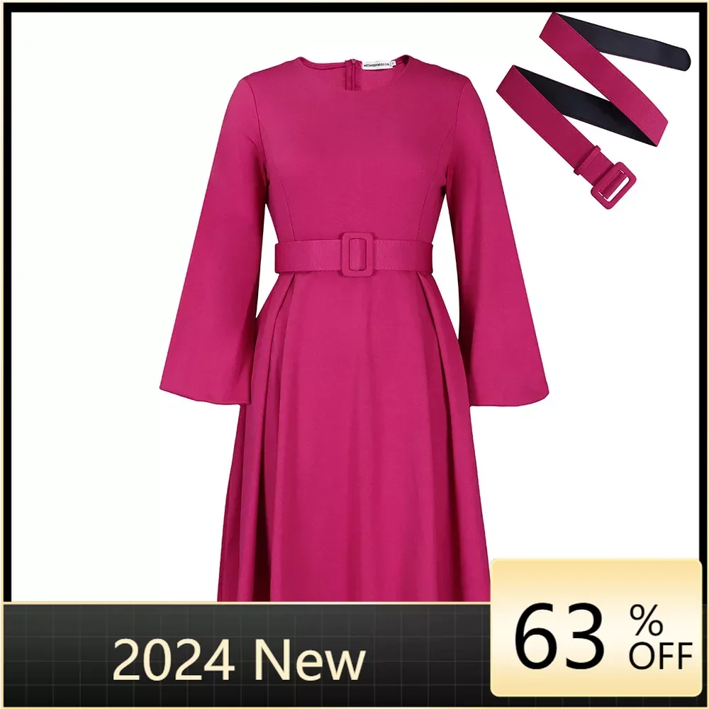 2023 Autumn Midi Pleated Dress Full Sleeve Office Lady Africa Sashes Women High Waist Elegant Sashes Dresses Vestidos