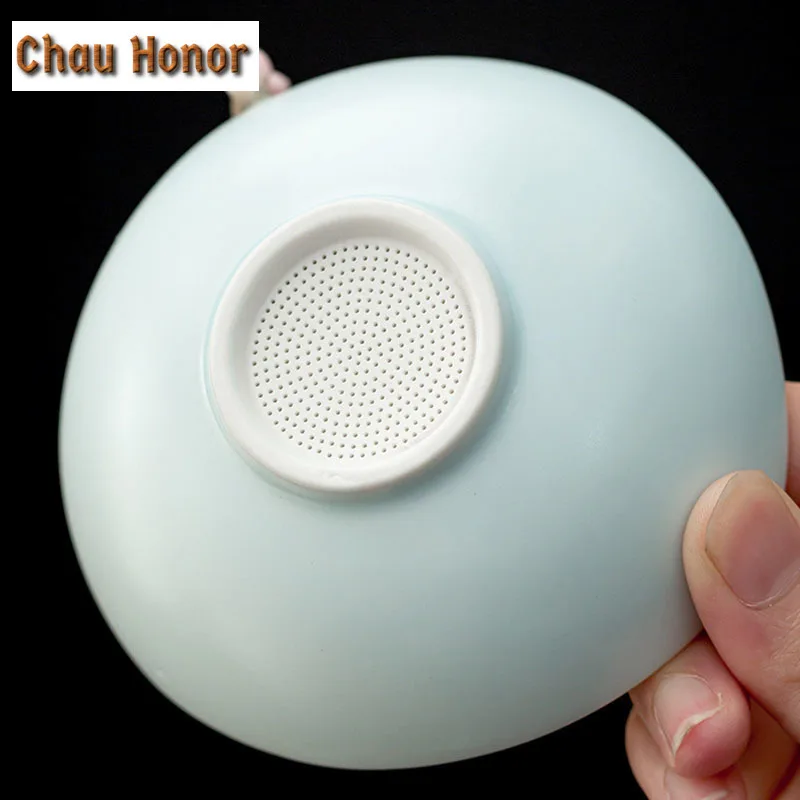 Handmade Knead Pink Plum Blossom Ceramic Tea Infuser Boutique Azure Ru Kiln Celadon Loose TeaLeaf Spice Tea Filter Tea Ceremony