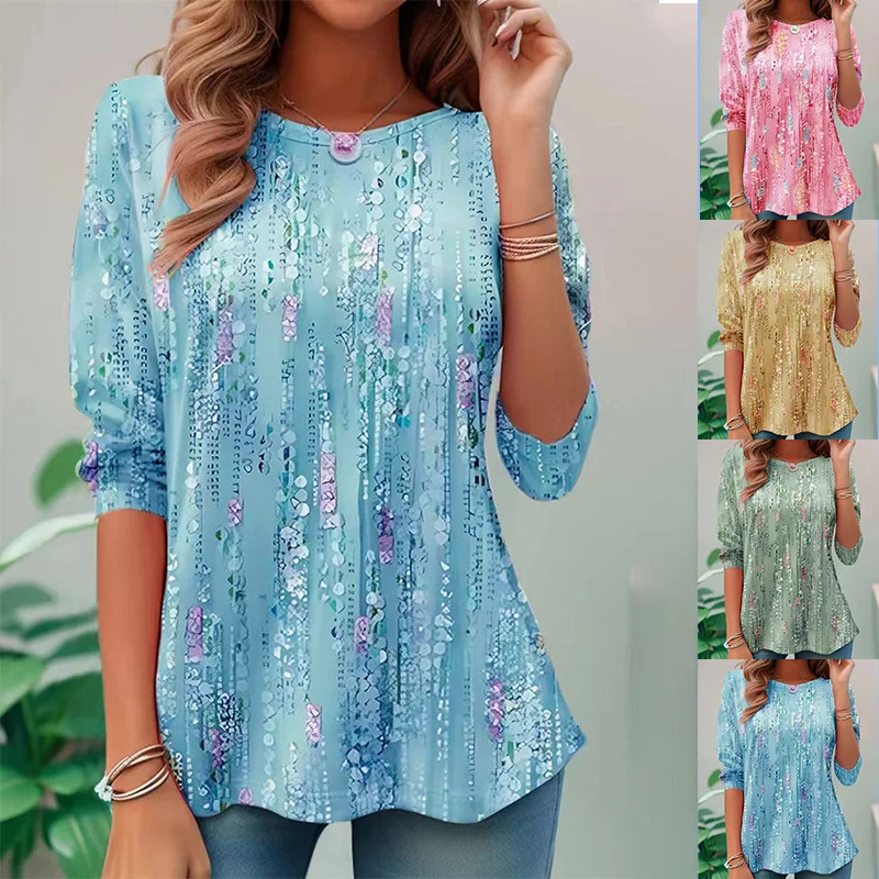 Women Summer Long Sleeve Ruffle Tassel Print Loose Tshirt