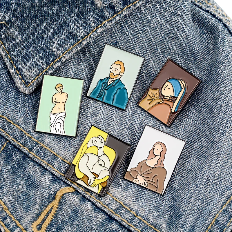 

High-end cartoon Mona Lisa Van Gogh brooch oil painting anti-light button INS fashionable shirt badge accessories