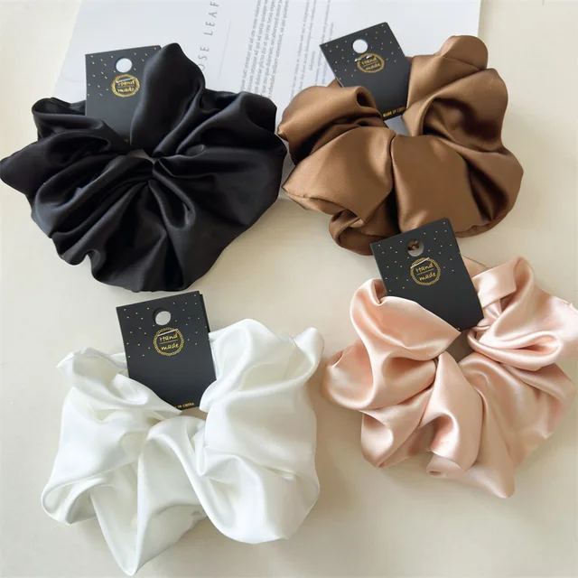 Satin Silk Like Hair Scrunchies Black Big Hair Ties For Girl Scrunchie Solid Color Hair Accessories Scrunch Headbands For Women 2