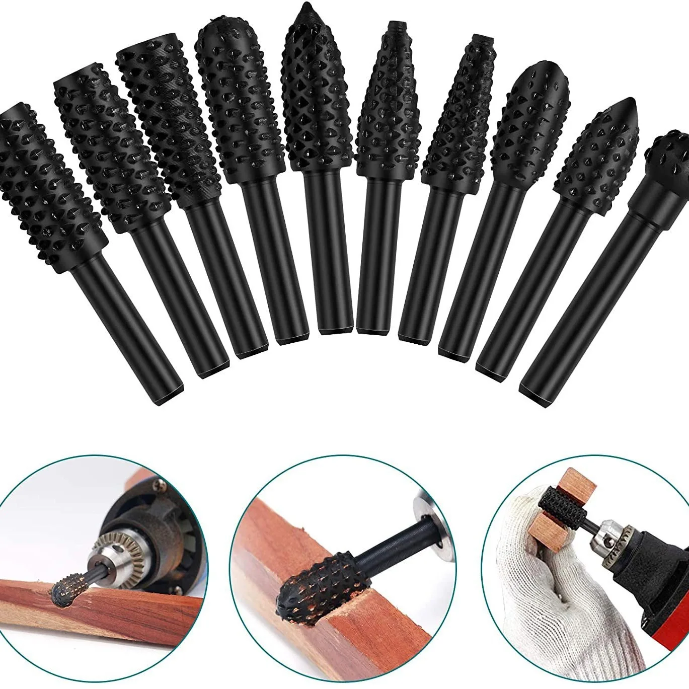 

10pcs Drill Bits Metal Rotary Burr Drill Bit Wood File Grinder Milling Rasp Wood Stone Metal Root Carving Milling Cutter Set