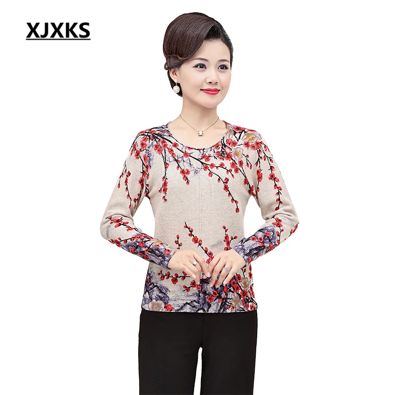 

XJXKS 2022 100% Wool Knitted Pullover Women's Sweater 2022 Autumn Winter Latest Loose Plus Size Digital Printing Female Jumper