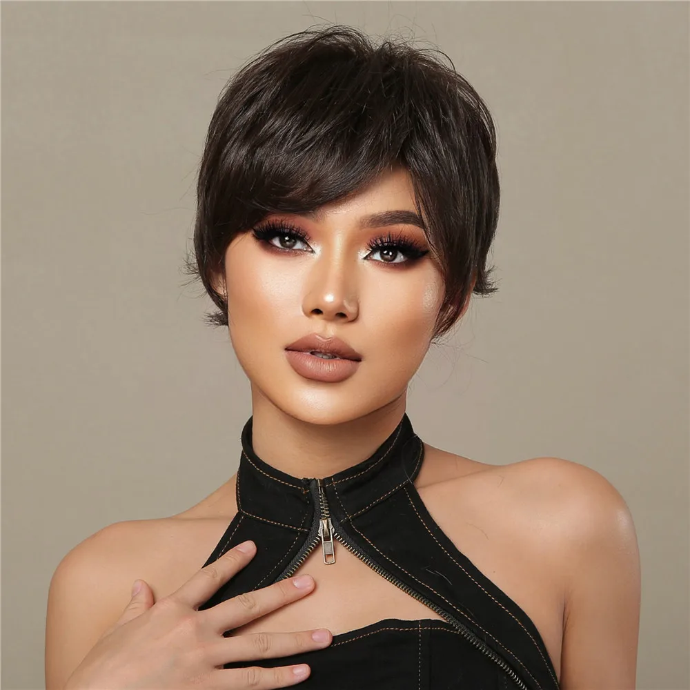 Pixie Cut Natural Black Wavy Wig Short Blend Human Hair Synthetic Wigs Fluffy Layered Bang Natural Heat Resistant Women's Wig