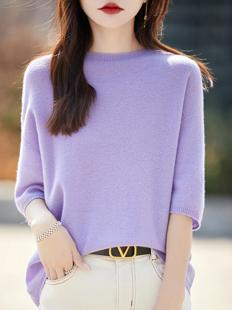 

Модный свитер из 100% мериносовой шерсти с коротким рукавом, яркий Шелковый кашемировый Женский вязаный Топ с круглым вырезом, пуловер, футболка