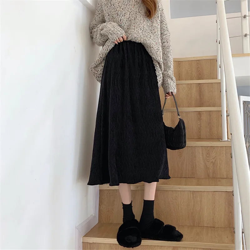 

Half-length Skirt Female Autumn and Winter New Black Gold Velvet All-match High Waist Thinner Mid-length Bag Hip A-line Skirt