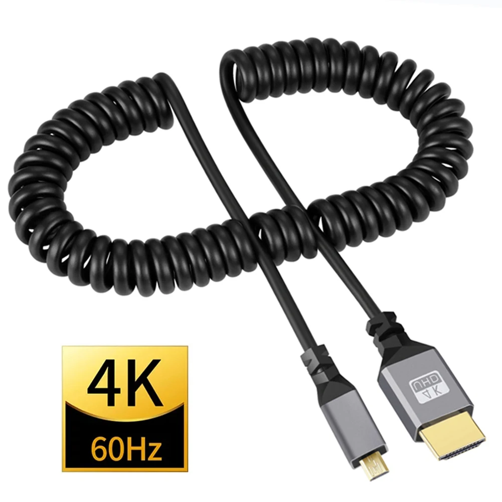 마이크로 미니 HDMI 호환 코일 익스텐션 유연한 나선형 케이블, 수-수 플러그 케이블, PC TV용 HDMI 호환, 4K 60HZ