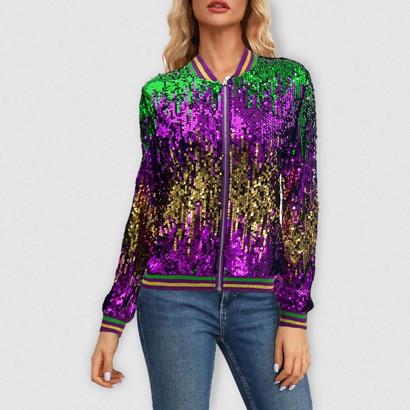 

Women's Long Sleeve Cardigan Stand Sequined Spring And Autumn Women's Baseball Jacket Casual Trendy Sequin Women's Jackets