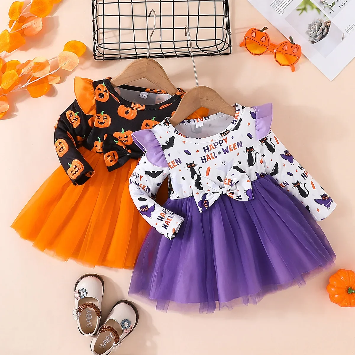 Spring and autumn fashion sweet girl Halloween pumpkin long sleeve gauze skirt simple foreign style dress