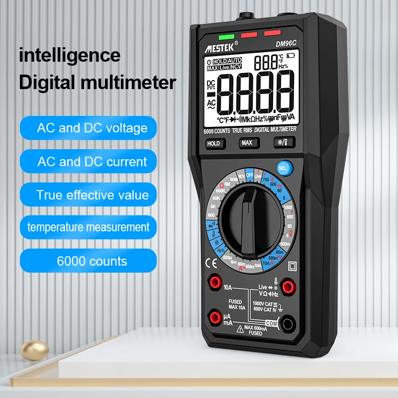 

MESTEK 6000 Counts True RMS Digital Multimeter AC DC Current Voltage Capacitance Ohm Hz NCV Live Line Temp Multimetro Tester